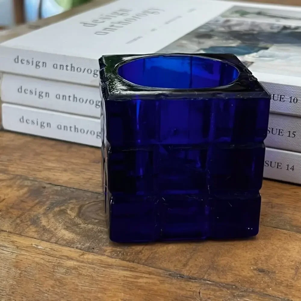 Square Cube Decorative Candle Holder Cobalt Blue MCM
